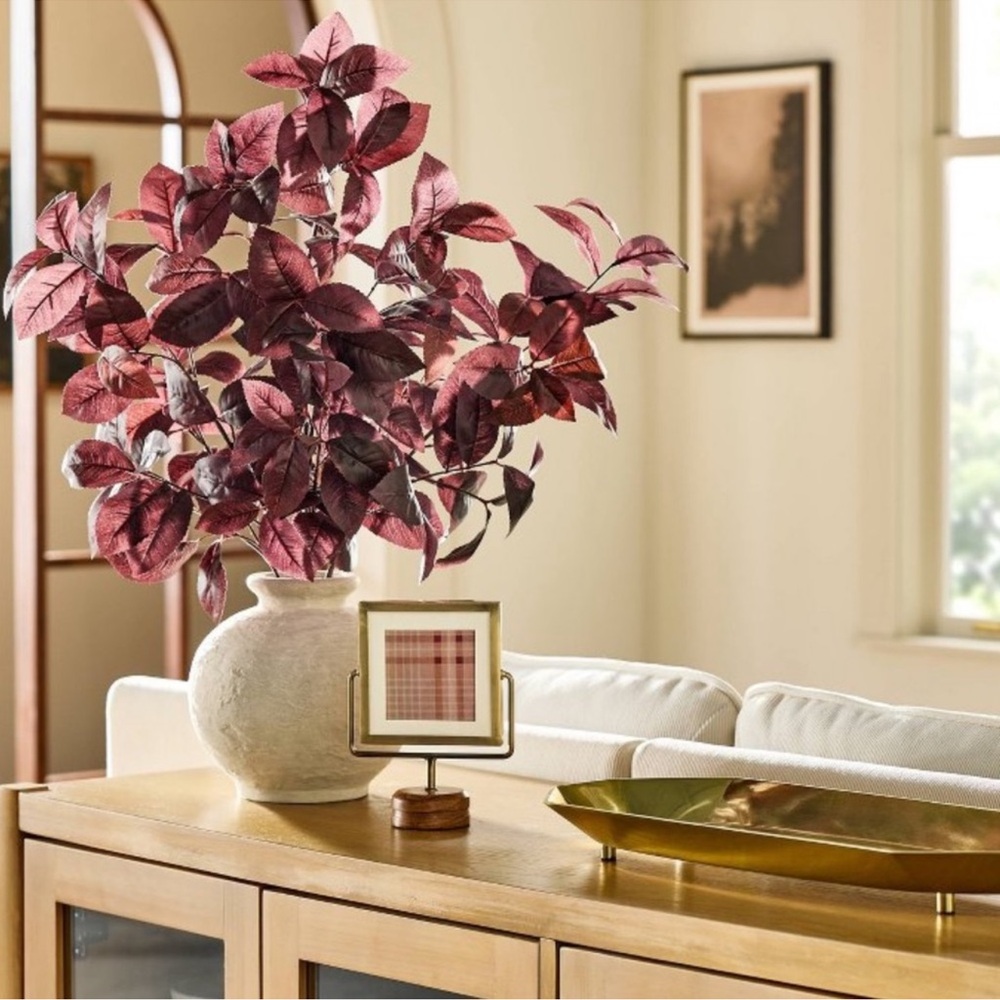 NWT Hearth and Hand Plum Faux Leaf Arrangement in Off white  Vase